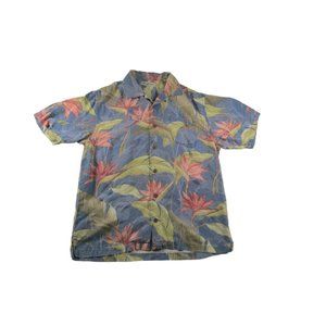 Tommy Bahama Hawaiian Button Down Shirt Blue Floral Print 100% Silk Mens Size L
